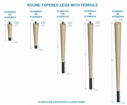 24" Round Tapered Leg with bolt & 4" Satin Brass Ferrule Hardwood 1.87" Diam. x 24" H