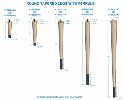 24" Round Tapered Leg with bolt & 4" Wrought Iron Ferrule Hardwood 1.87" Diam. x 24" H