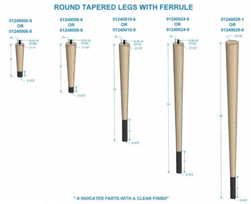 24" Round Tapered Leg with bolt & 4" Wrought Iron Ferrule Hardwood with Semi-Gloss Clear Coat Finish 1.87" Diam. X 24" H