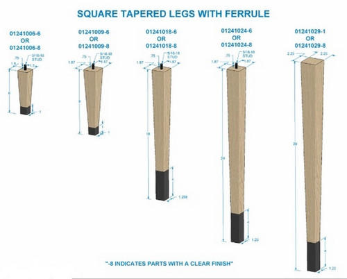 6" Square Tapered Leg with 1" Brushed Aluminum Ferrule Hardwood 1.5" SQ. X 6" H