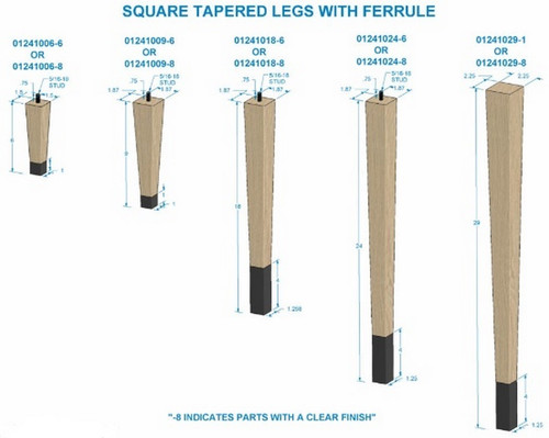 6" Square Tapered Leg with 1" Wrought Iron Ferrule Hardwood 1.5" SQ. X 6" H