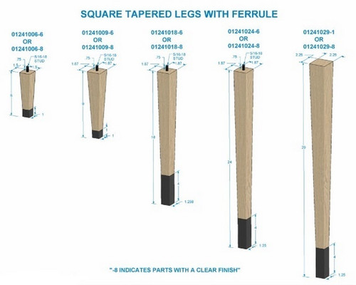 9" Square Tapered Leg with bolt & 1" Brushed Aluminum Ferrule Hardwood with Semi-Gloss Clear Coat Finish 1.87" SQ. x 9" H
