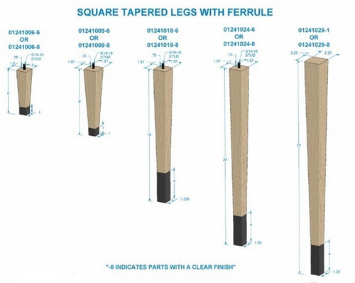 9" Square Tapered Leg with bolt & 1" Satin Brass Ferrule Hardwood with Semi-Gloss Clear Coat Finish 1.87" SQ. x 9" H