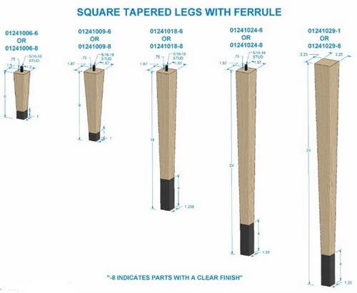 9" Square Tapered Leg with bolt & 1" Warm Bronze Ferrule Hardwood with Semi-Gloss Clear Coat Finish 1.87" SQ. x 9" H