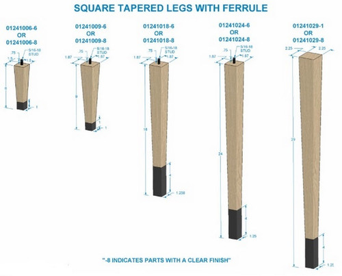 9" Square Tapered Leg with 1" Wrought Iron Ferrule Hardwood 1.87" SQ. X 9" H