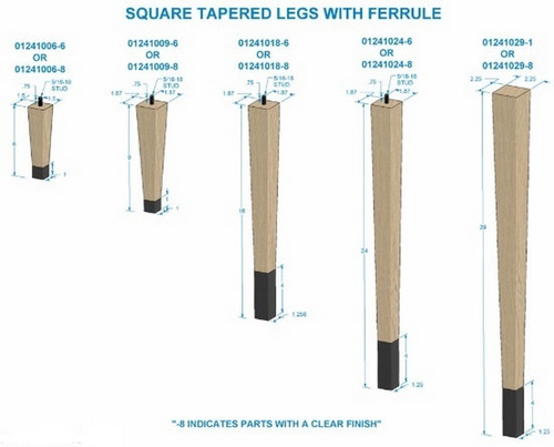 18" Square Tapered Leg with bolt & 4" Satin Brass Ferrule Hardwood with Semi-Gloss Clear Coat Finish 1.87" SQ. x 18" H