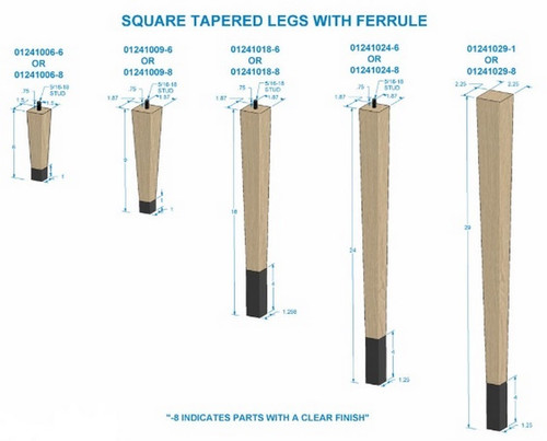 18" Square Tapered Leg with bolt & 4" Wrought Iron Ferrule Hardwood 1.87" SQ. x 18" H