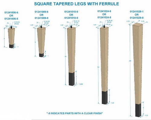 24" Square Tapered Leg with bolt & 4" Chrome Ferrule Hardwood 1.87" SQ. x 24" H