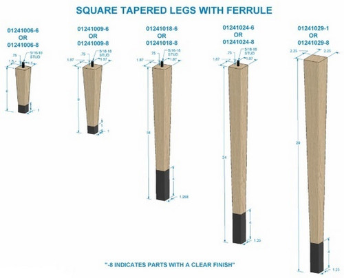 24" Square Tapered Leg with bolt & 4" Satin Brass Ferrule Hardwood with Semi-Gloss Clear Coat Finish 1.87" SQ. x 24" H