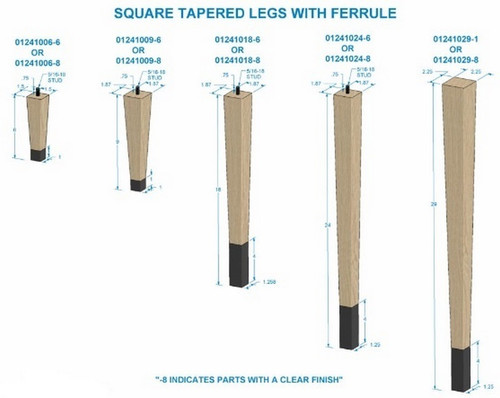 24" Square Tapered Leg with bolt & 4" Warm Bronze Ferrule Hardwood with Semi-Gloss Clear Coat Finish 1.87" SQ. x 24" H