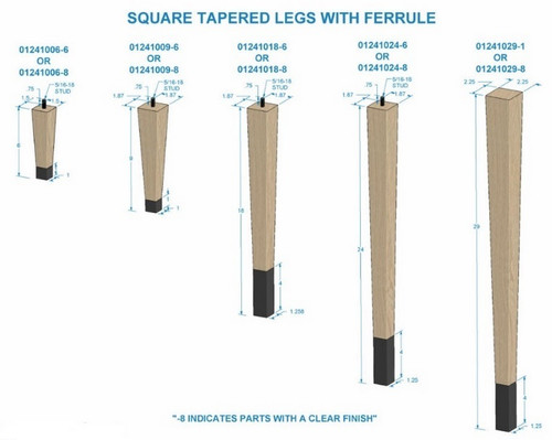 29" Square Tapered Leg & 4" Brushed Aluminum Ferrule Hardwood with Semi-Gloss Clear Coat Finish 2.25" SQ. x 29" H