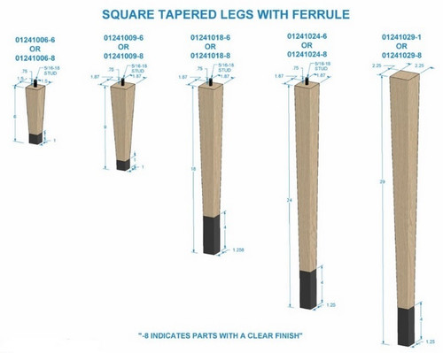 29" Square Tapered Leg & 4" Warm Bronze Ferrule Hardwood with Semi-Gloss Clear Coat Finish 2.25" SQ. x 29" H