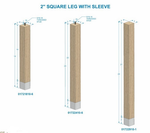 2" x 29" Square Leg w/ Natural Aluminum Sleeve Red Oak 2" SQ. x 29" H