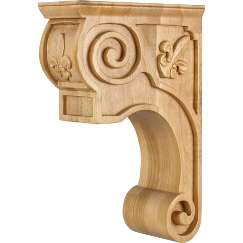 Hardware Resources - CORT-FRW - Hand-Carved Rubberwood Corbel with Fleur de Lis and Scroll Detail Design - Rubberwood