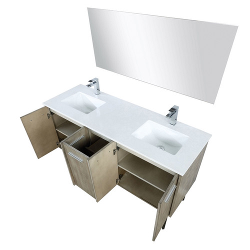 Lexora -  Lancy 60" Rustic Acacia Double Bathroom Vanity - White Quartz Top - White Square Sinks - Monte Chrome Faucet Set -  55" Frameless Mirror - LLC60DKSOSM55FCH