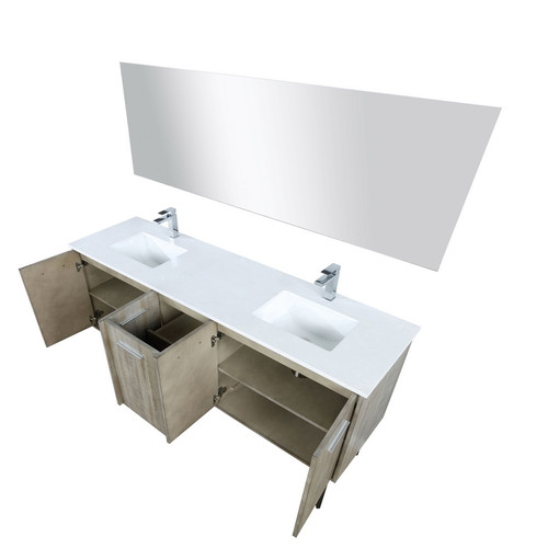 Lexora -  Lancy 72" Rustic Acacia Double Bathroom Vanity - White Quartz Top - White Square Sinks - Monte Chrome Faucet Set -  70" Frameless Mirror - LLC72DKSOSM70FCH