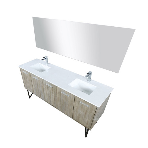Lexora -  Lancy 72" Rustic Acacia Double Bathroom Vanity - White Quartz Top - White Square Sinks - Labaro Brushed Nickel Faucet Set -  70" Frameless Mirror - LLC72DKSOSM70FBN
