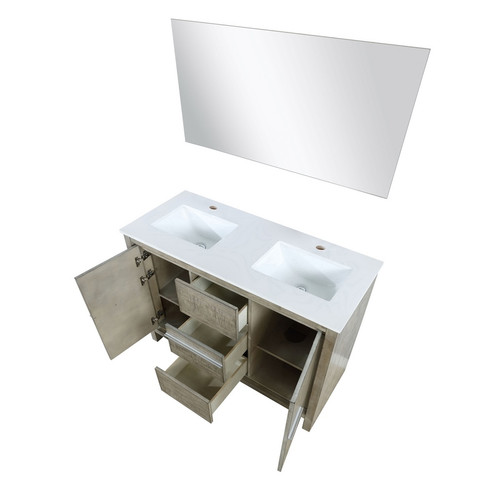 Lexora -  Lafarre 48" Rustic Acacia Double Bathroom Vanity - White Quartz Top - White Square Sink -  43" Frameless Mirror - LLF48SKSOSM43