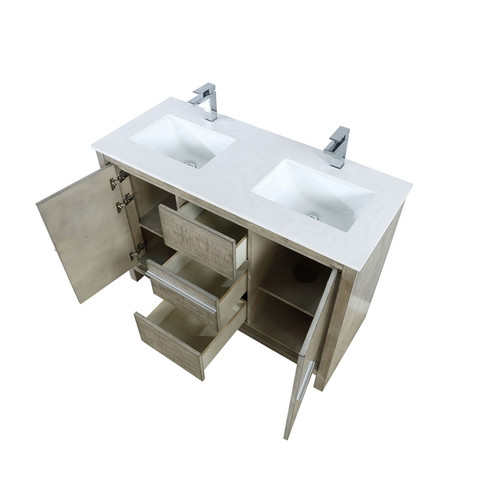 Lexora -  Lafarre 48" Rustic Acacia Double Bathroom Vanity - White Quartz Top - White Square Sink -  Monte Chrome Faucet Set - LLF48SKSOS000FCH