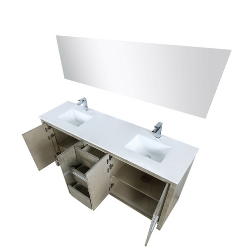 Lexora -  Lafarre 72" Rustic Acacia Double Bathroom Vanity - White Quartz Top - White Square Sinks - Monte Chrome Faucet Set -  70" Frameless Mirror - LLF72DKSODM70FCH