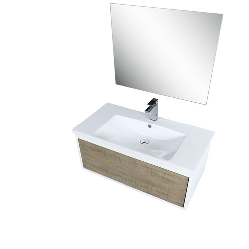 Lexora -  Scopi 36" Rustic Acacia Bathroom Vanity - Acrylic Composite Top with Integrated Sink - Labaro Brushed Nickel Faucet Set -  28" Frameless Mirror - LSC36SRAOSM28FBN