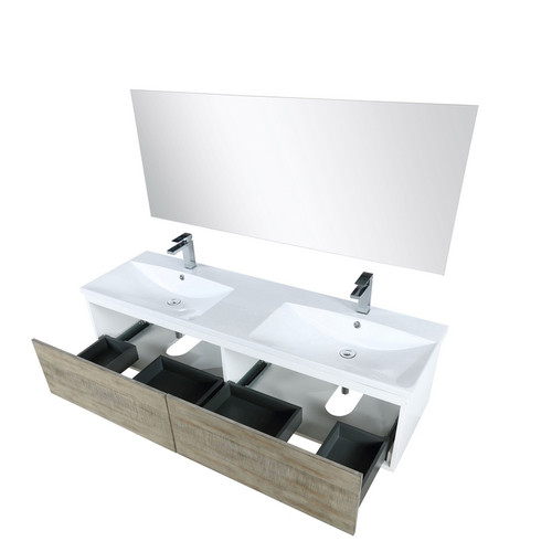 Lexora -  Scopi 60" Rustic Acacia Double Bathroom Vanity - Acrylic Composite Top with Integrated Sinks - Monte Chrome Faucet Set -  55" Frameless Mirror - LSC60DRAOSM55FCH