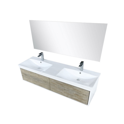 Lexora -  Scopi 60" Rustic Acacia Double Bathroom Vanity - Acrylic Composite Top with Integrated Sinks - Labaro Rose Gold Faucet Set -  55" Frameless Mirror - LSC60DRAOSM55FRG