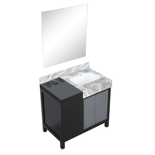 Lexora -  Zilara 36" Black  Grey Vanity - Castle Grey Marble Top - White Square Sink -  30" Frameless Mirror - LZ342236SLISM30