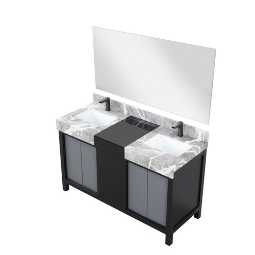 Lexora -  Zilara 55" Black  Grey Double Vanity - Castle Grey Marble Tops - White Square Sinks - Balzani Gun Metal Faucet Sets -  53" Frameless Mirror - LZ342255SLISM53FBG