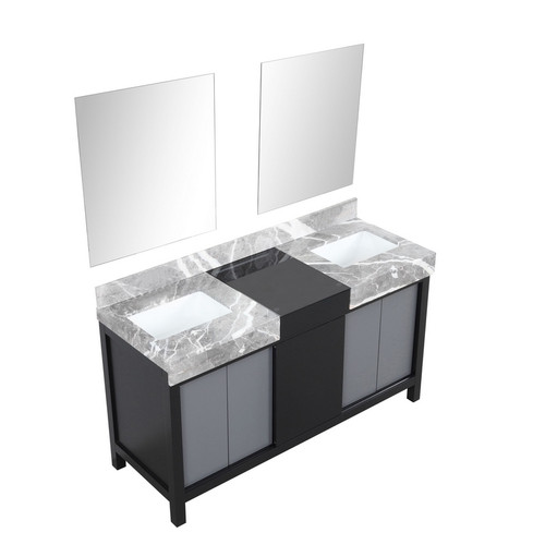 Lexora -  Zilara 60" Black  Grey Double Vanity - Castle Grey Marble Tops - White Square Sinks -  28" Frameless Mirrors - LZ342260DLISM28