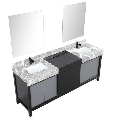 Lexora -  Zilara 80" Black  Grey Double Vanity - Castle Grey Marble Tops - White Square Sinks - Cascata Nera Matte Black Faucet Set -  30" Frameless Mirrors - LZ342280DLISM30FCM