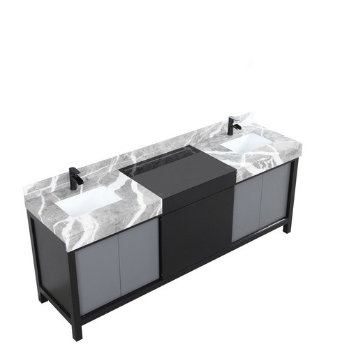 Lexora -  Zilara 84" Black  Grey Double Vanity - Castle Grey Marble Tops - White Square Sinks -  Cascata Nera Matte Black Faucet Set - LZ342284DLISFCM