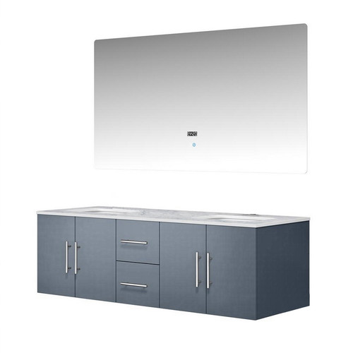 Lexora -  Geneva 60" Dark Grey Double Vanity - White Carrara Marble Top - White Square Sinks  60" LED Mirror - LG192260DBDSLM60