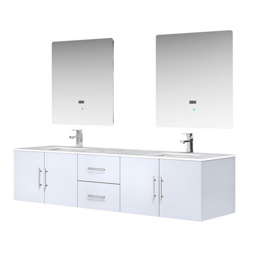 Lexora -  Geneva 80" Glossy White Double Vanity - White Carrara Marble Top - White Square Sinks  30" LED Mirrors w/ Faucets - LG192280DMDSLM30F