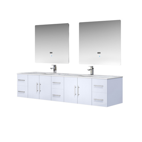Lexora -  Geneva 84" Glossy White Double Vanity - White Carrara Marble Top - White Square Sinks  36" LED Mirrors w/ Faucets - LG192284DMDSLM36F