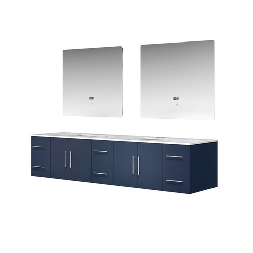 Lexora -  Geneva 84" Navy Blue Double Vanity - White Carrara Marble Top - White Square Sinks  36" LED Mirrors - LG192284DEDSLM36