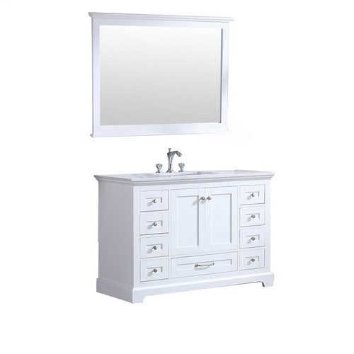 Lexora -  Dukes 48" White Single Vanity - White Carrara Marble Top - White Square Sink  46" Mirror w/ Faucet - LD342248SADSM46F