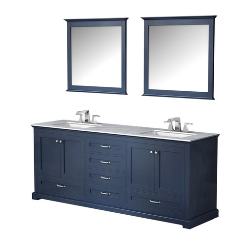 Lexora -  Dukes 80" Navy Blue Double Vanity - White Carrara Marble Top - White Square Sinks  30" Mirrors w/ Faucets - LD342280DEDSM30F