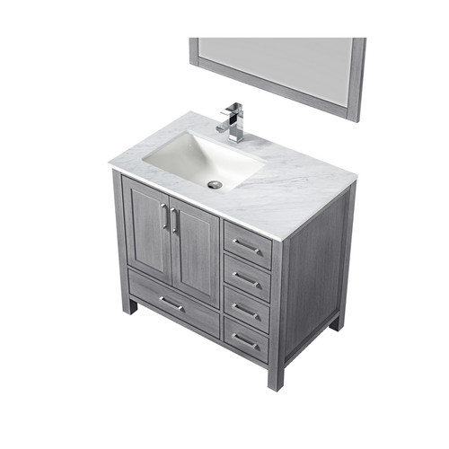 Lexora -  Jacques 36" Distressed Grey Single Vanity - White Carrara Marble Top - White Square Sink  34" Mirror w/ Faucet - Left Version - LJ342236SDDSM34F-L