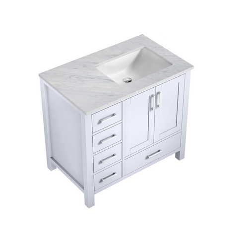 Lexora -  Jacques 36" White Single Vanity - Carrara Marble Top - White Square Sink  no Mirror - Right Version - LJ342236SADS000-R