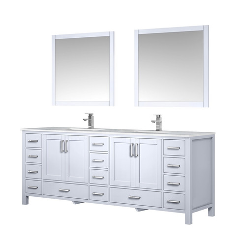 Lexora -  Jacques 84" White Double Vanity - White Carrara Marble Top - White Square Sinks  34" Mirrors w/ Faucets - LJ342284DADSM34F