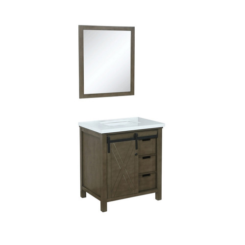 Lexora -  Marsyas 30" Rustic Brown Single Vanity - White Quartz Top - White Square Sink  28" Mirror - LM342230SKCSM28