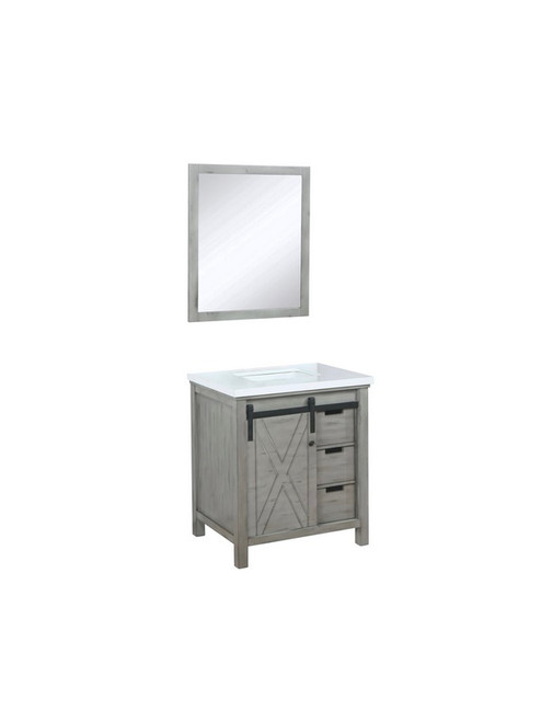 Lexora -  Marsyas 30" Ash Grey Single Vanity - White Quartz Top - White Square Sink  28" Mirror - LM342230SHCSM28