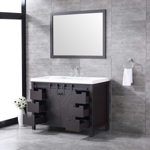 Lexora -  Marsyas 48" Brown Single Vanity - White Quartz Top - White Square Sink  44" Mirror w/ Faucet - LM342248SCCSM44F