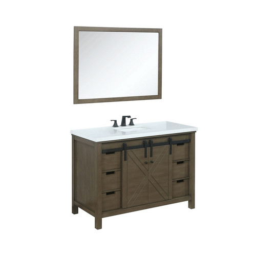 Lexora -  Marsyas 48" Rustic Brown Single Vanity - White Quartz Top - White Square Sink  44" Mirror w/ Faucet - LM342248SKCSM44F