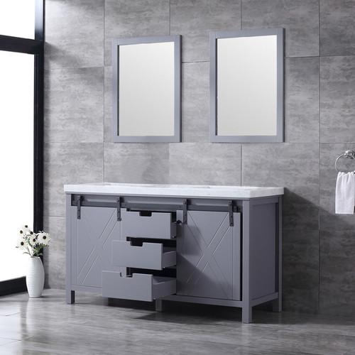 Lexora -  Marsyas 60" Dark Grey Double Vanity - White Carrara Marble Top - White Square Sinks  24" Mirrors - LM342260DBBSM24