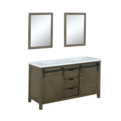 Lexora -  Marsyas 60" Rustic Brown Double Vanity - White Quartz Top - White Square Sinks  24" Mirrors - LM342260DKCSM24