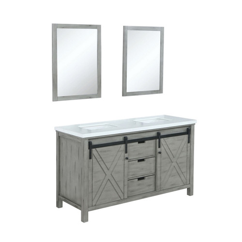 Lexora -  Marsyas 60" Ash Grey Double Vanity - White Quartz Top - White Square Sinks  24" Mirrors - LM342260DHCSM24