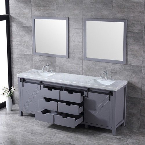 Lexora -  Marsyas 84" Dark Grey Double Vanity - White Carrara Marble Top - White Square Sinks  34" Mirrors w/ Faucets - LM342284DBBSM34F
