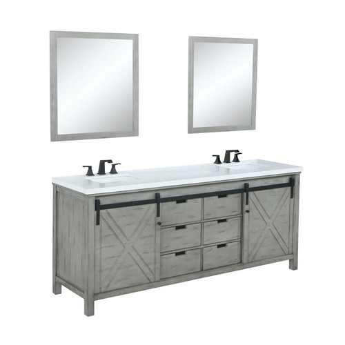 Lexora -  Marsyas 84" Ash Grey Double Vanity - White Quartz Top - White Square Sinks  34" Mirrors w/ Faucets - LM342284DHCSM34F